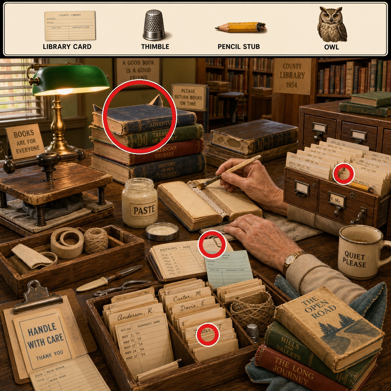 Answer: Four Hidden Objects at the Library Book Repair Table answer image