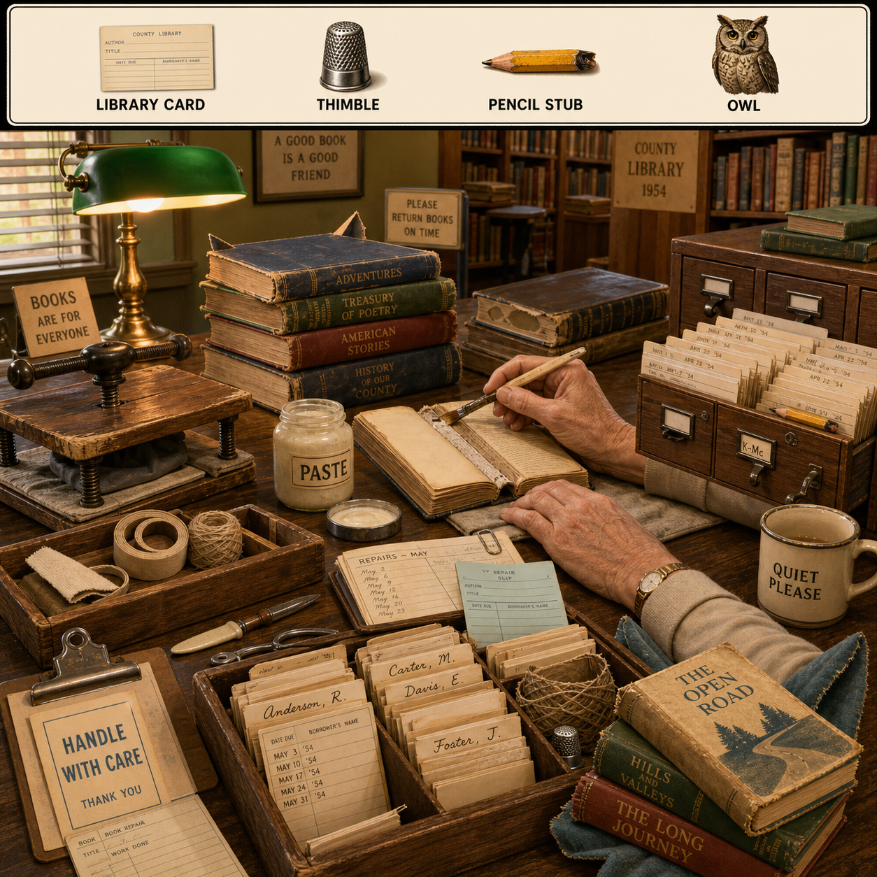 Answer: Four Hidden Objects at the Library Book Repair Table