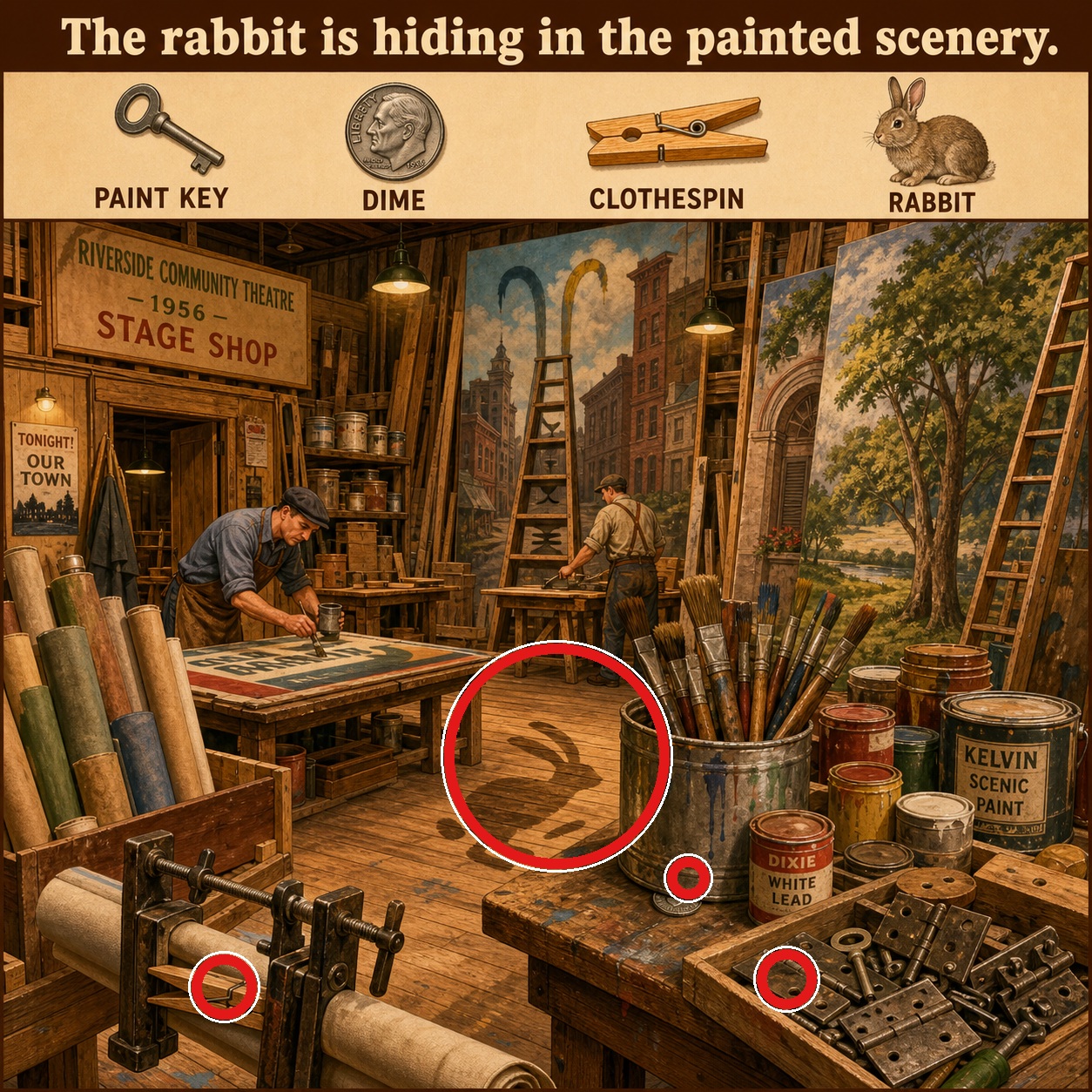 Answer: Four Hidden Objects in the Community Theater Scenery Shop answer image