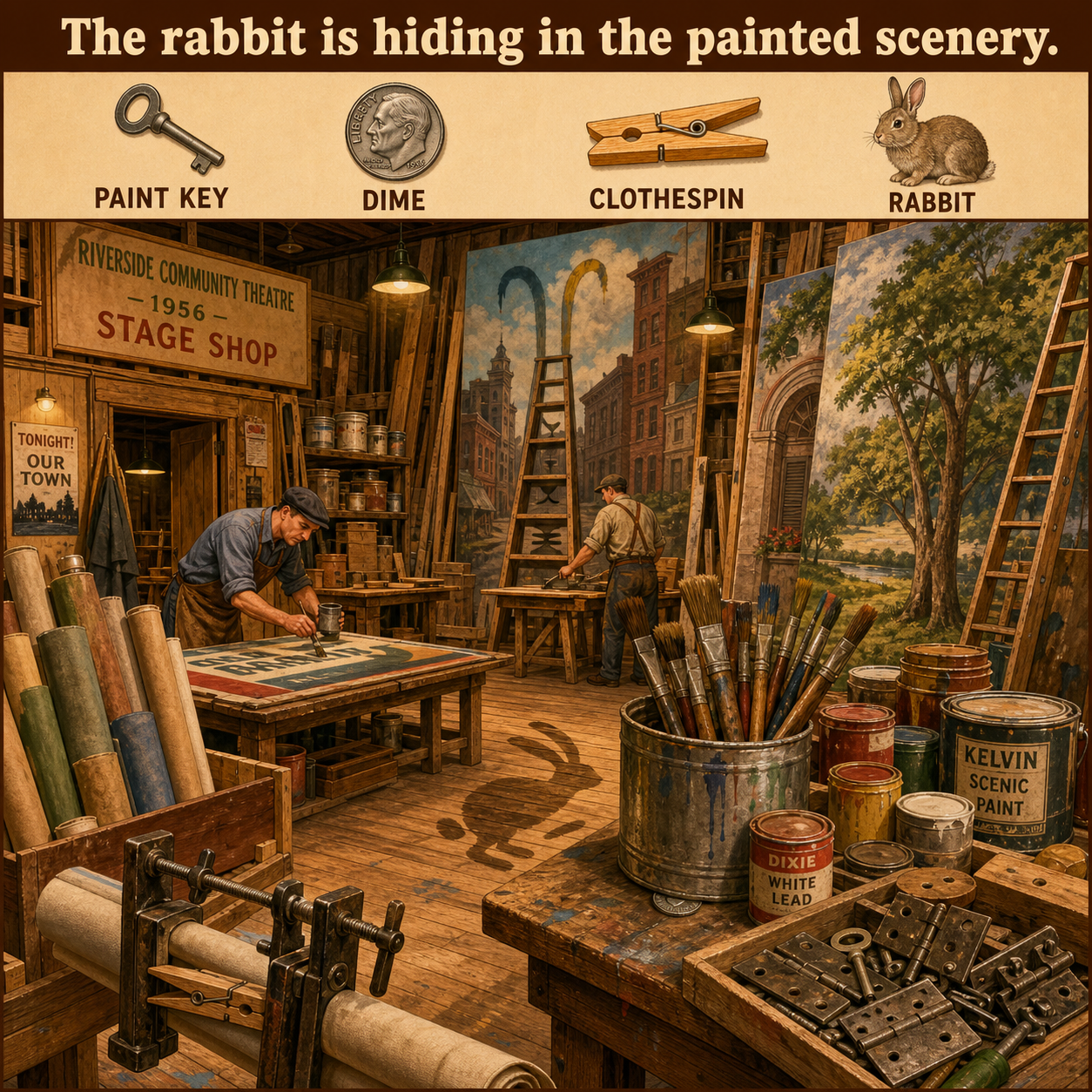 Answer: Four Hidden Objects in the Community Theater Scenery Shop