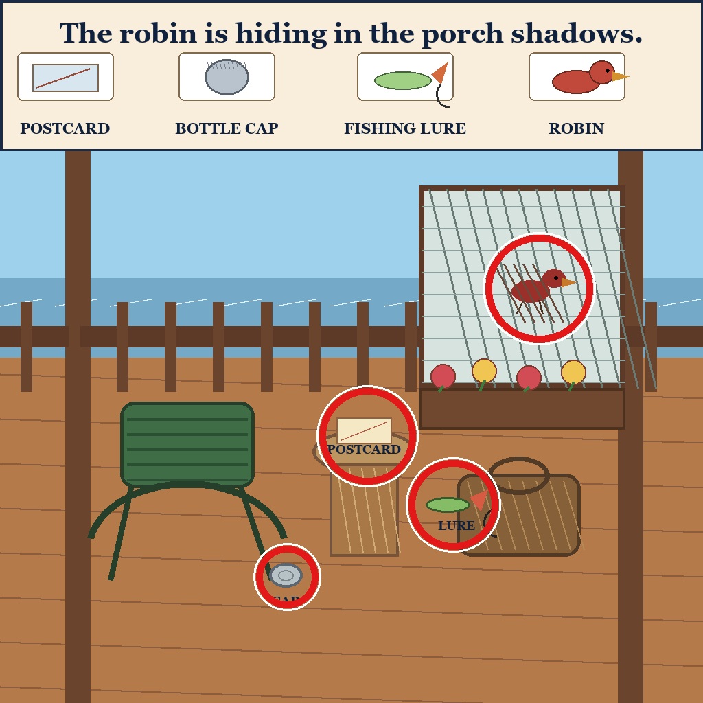 Answer: Four Hidden Objects on the Lakeside Porch