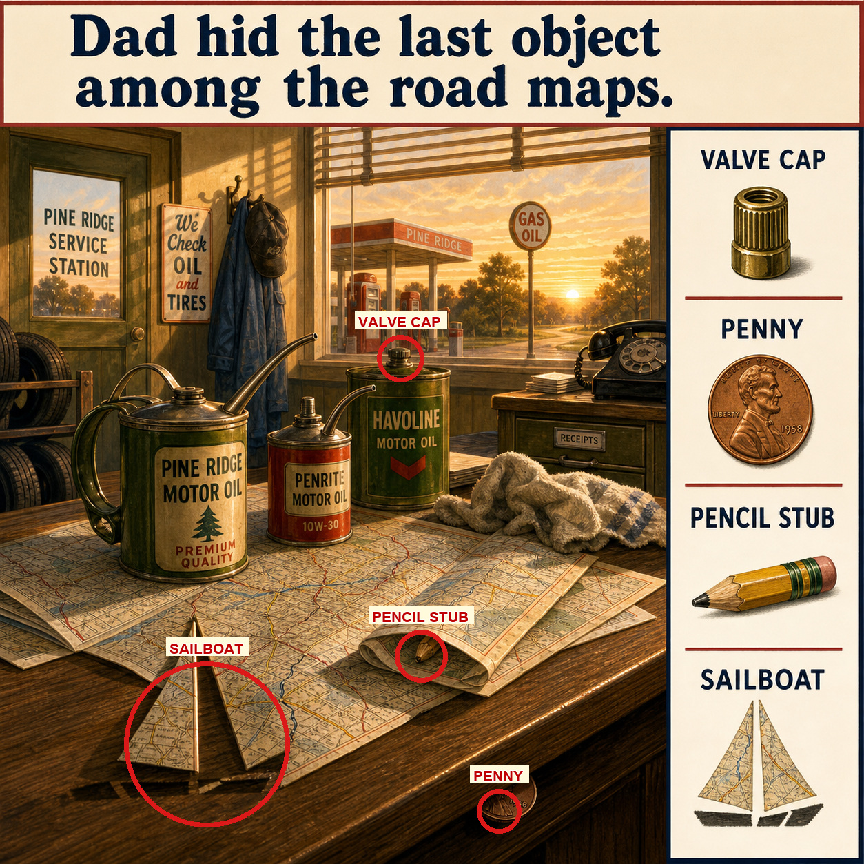Answer: Four Hidden Objects at the Old Service Station answer image