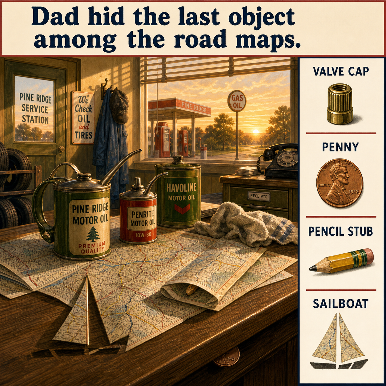 Answer: Four Hidden Objects at the Old Service Station