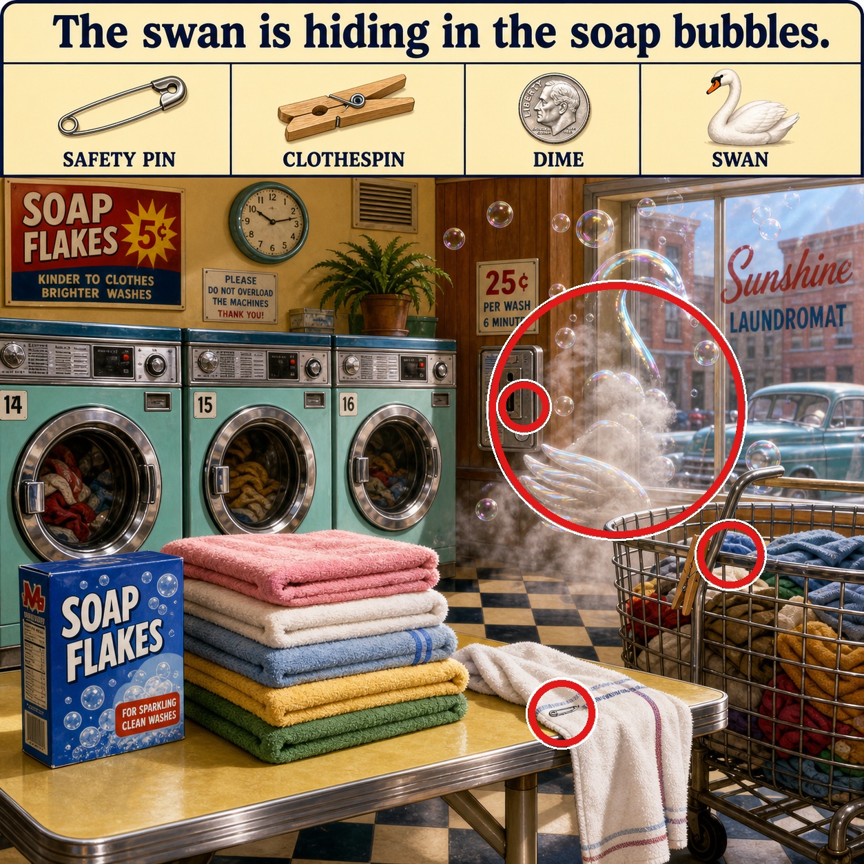 Answer: Four Hidden Objects in the Laundromat answer image