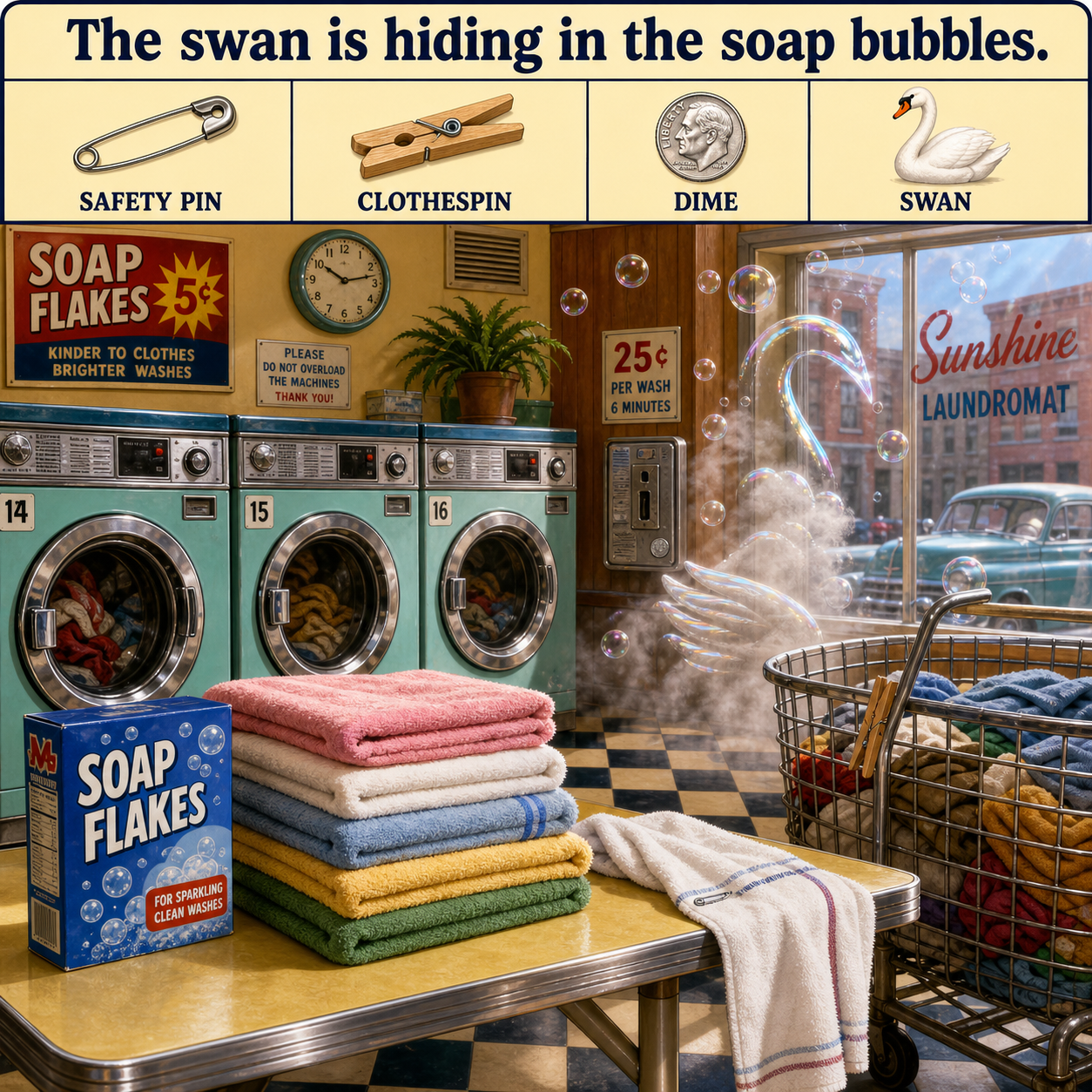 Answer: Four Hidden Objects in the Laundromat