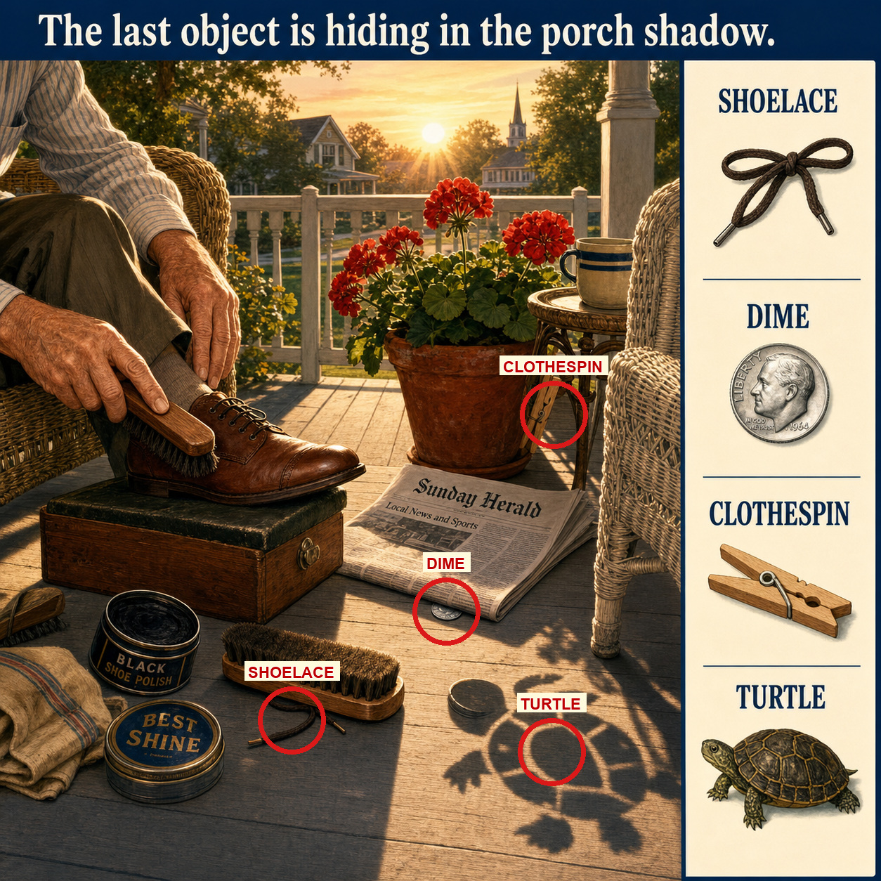 Answer: Four Hidden Objects on the Sunday Porch answer image
