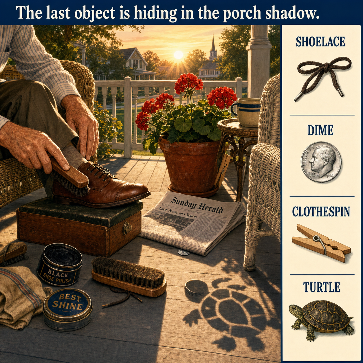 Answer: Four Hidden Objects on the Sunday Porch