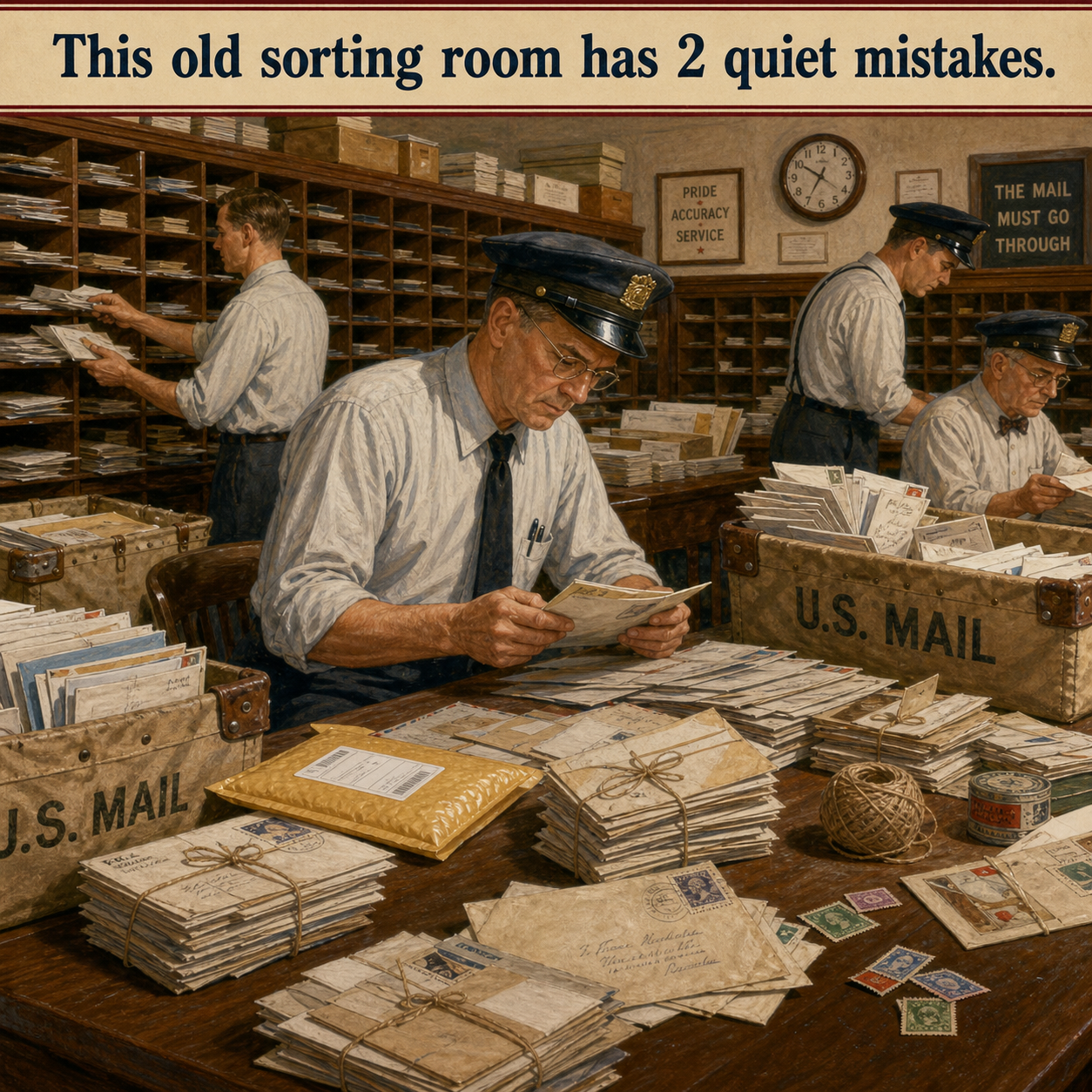 Answer: Two Modern Details in the Post Office Sorting Room