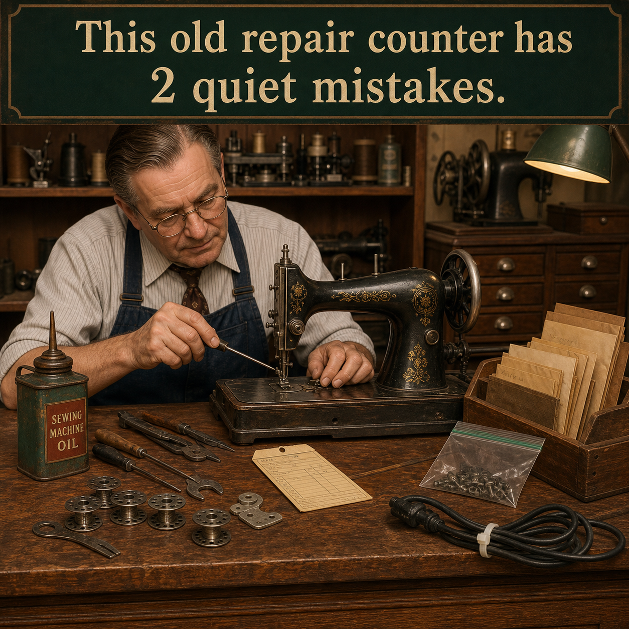 Answer: Two Modern Details at the Sewing-Machine Repair Counter