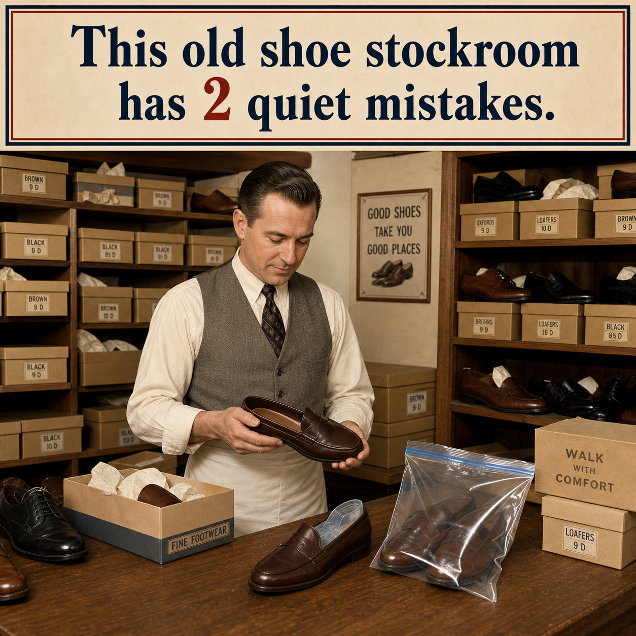 Answer: Two Modern Details in the Shoe Store Stockroom