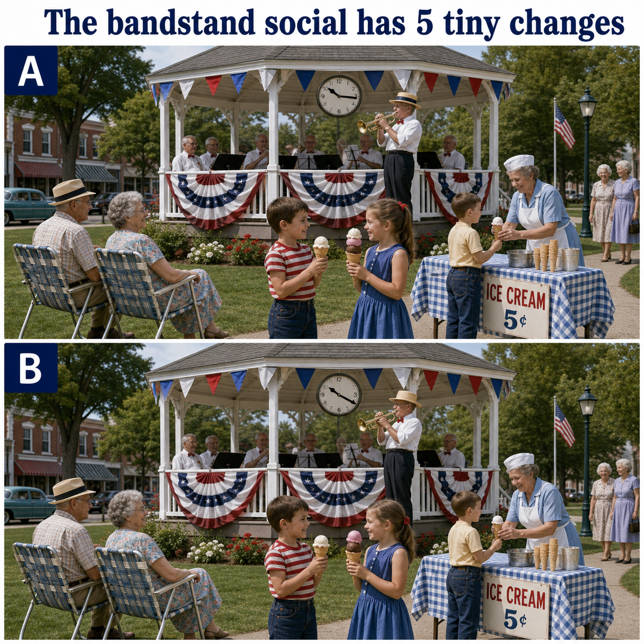 Answer: Five Differences at the Bandstand Social