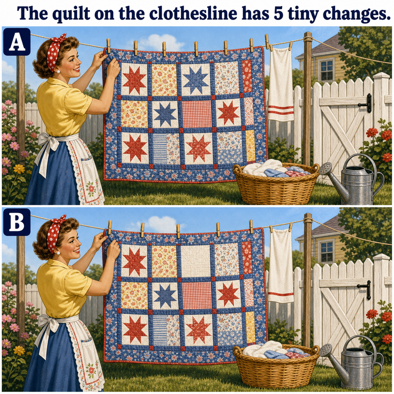 Answer: Five Differences on the Clothesline Quilt