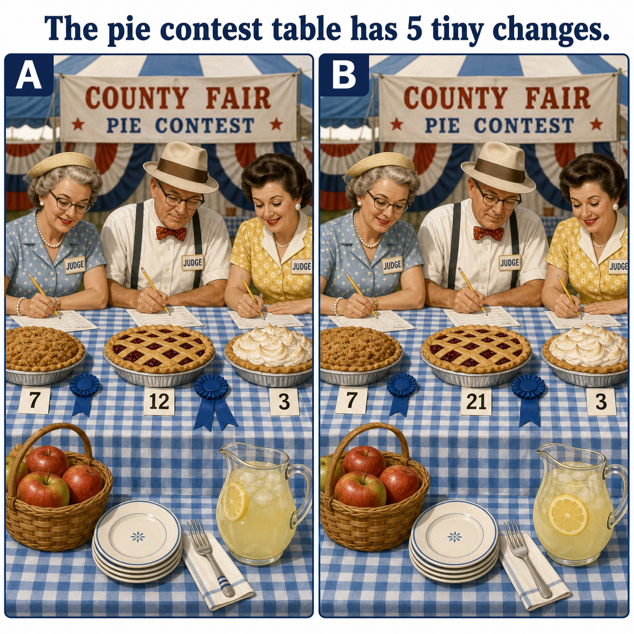 Answer: Five Differences at the County Fair Pie Contest
