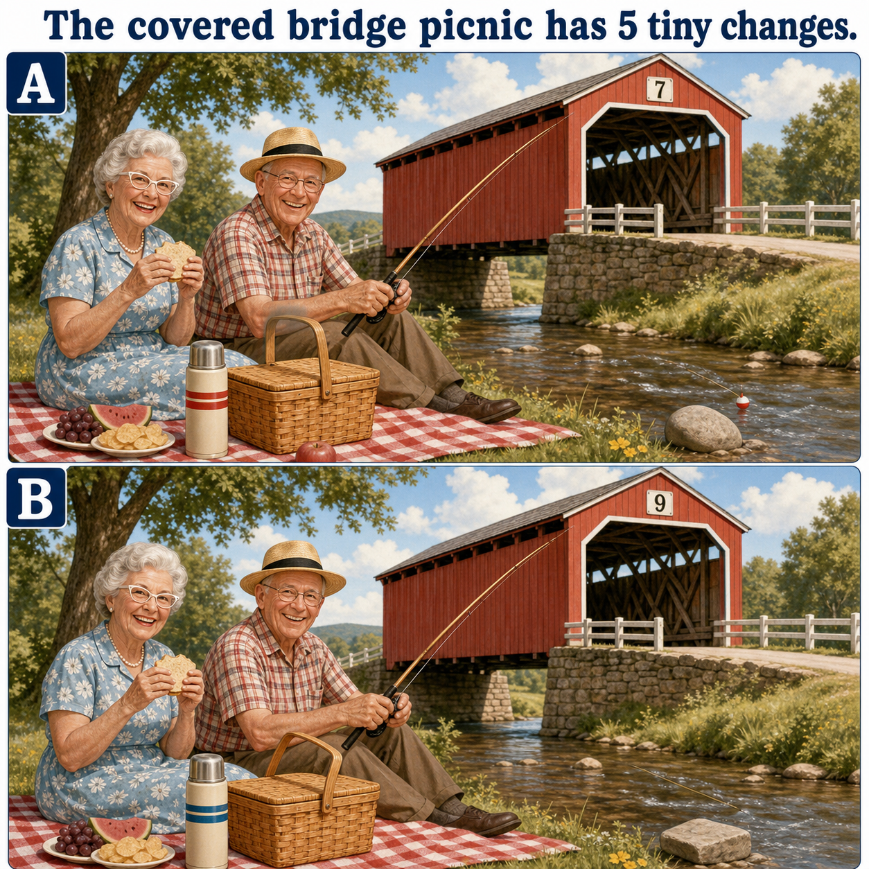 Answer: Five Differences at the Covered Bridge Picnic
