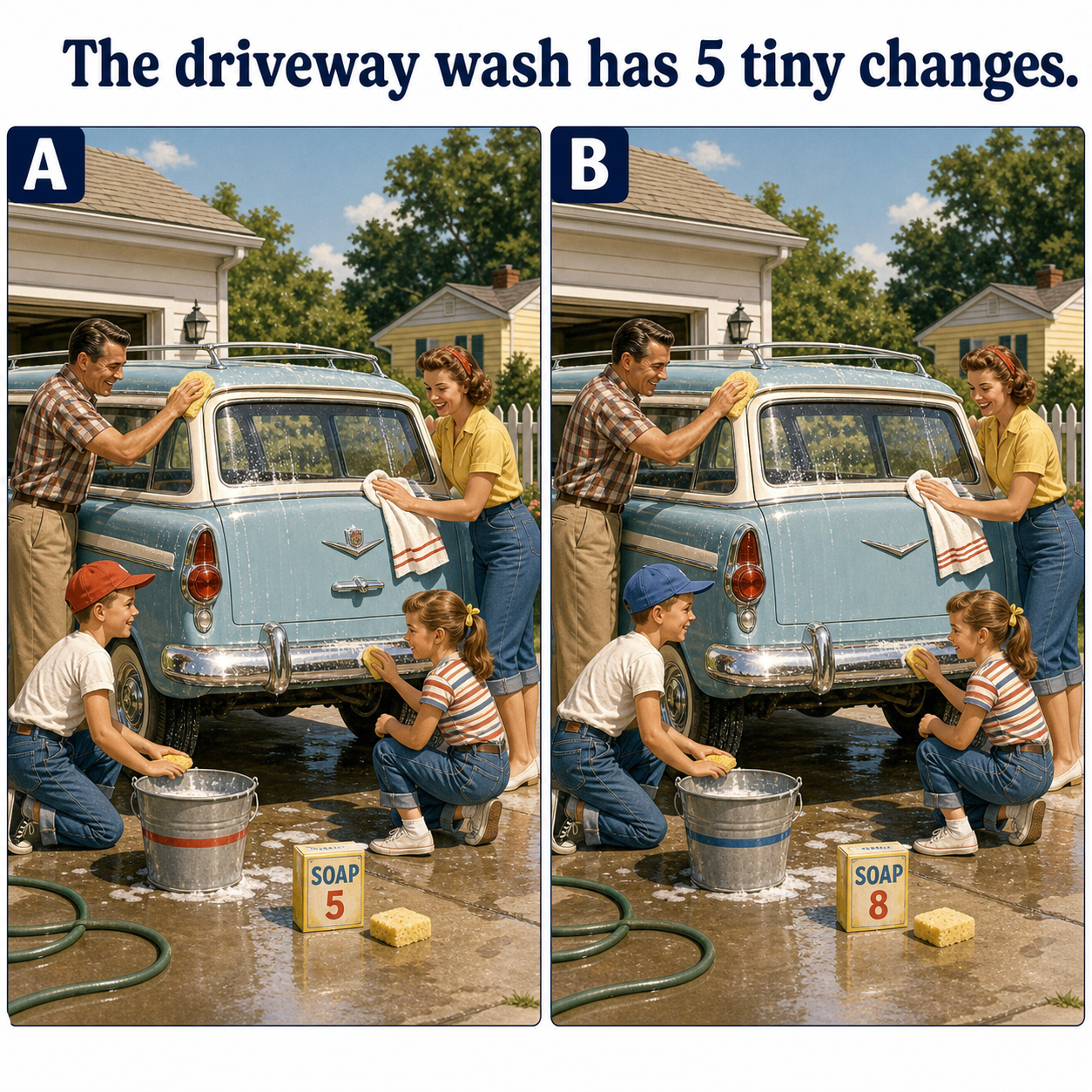 Answer: Five Differences During the Family Driveway Car Wash