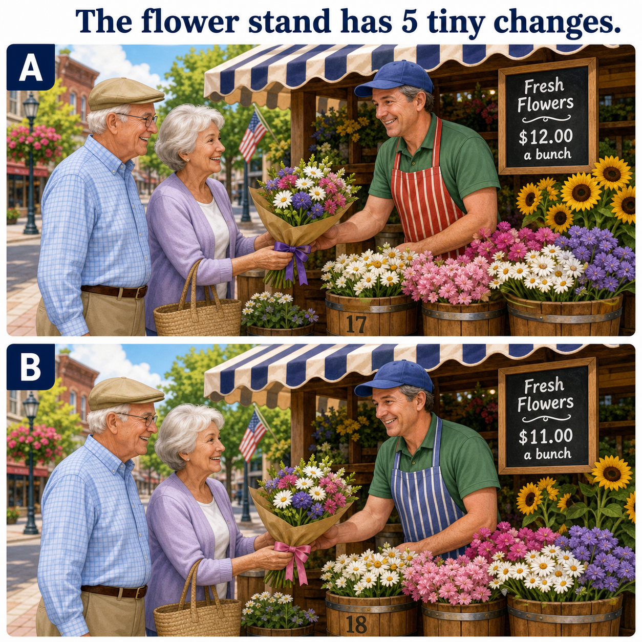 Answer: Five Differences at the Flower Stand