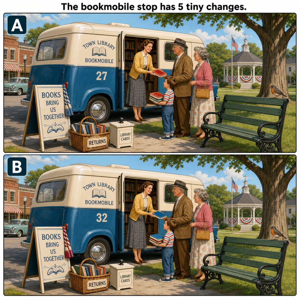 Answer: Five Differences at the Bookmobile Stop