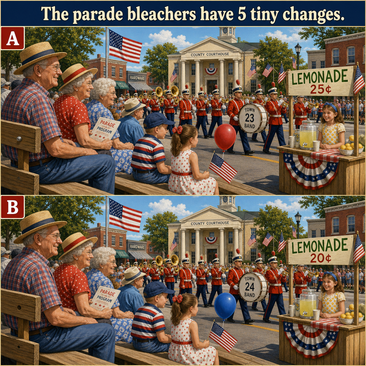 Answer: Five Differences at the Parade Bleachers