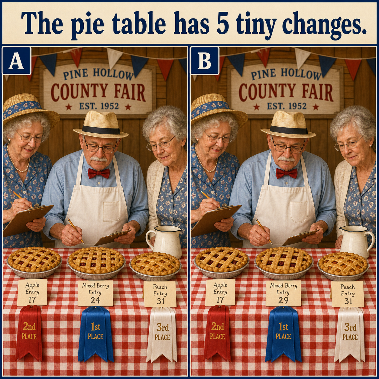 Answer: Five Differences at the County-Fair Pie Table