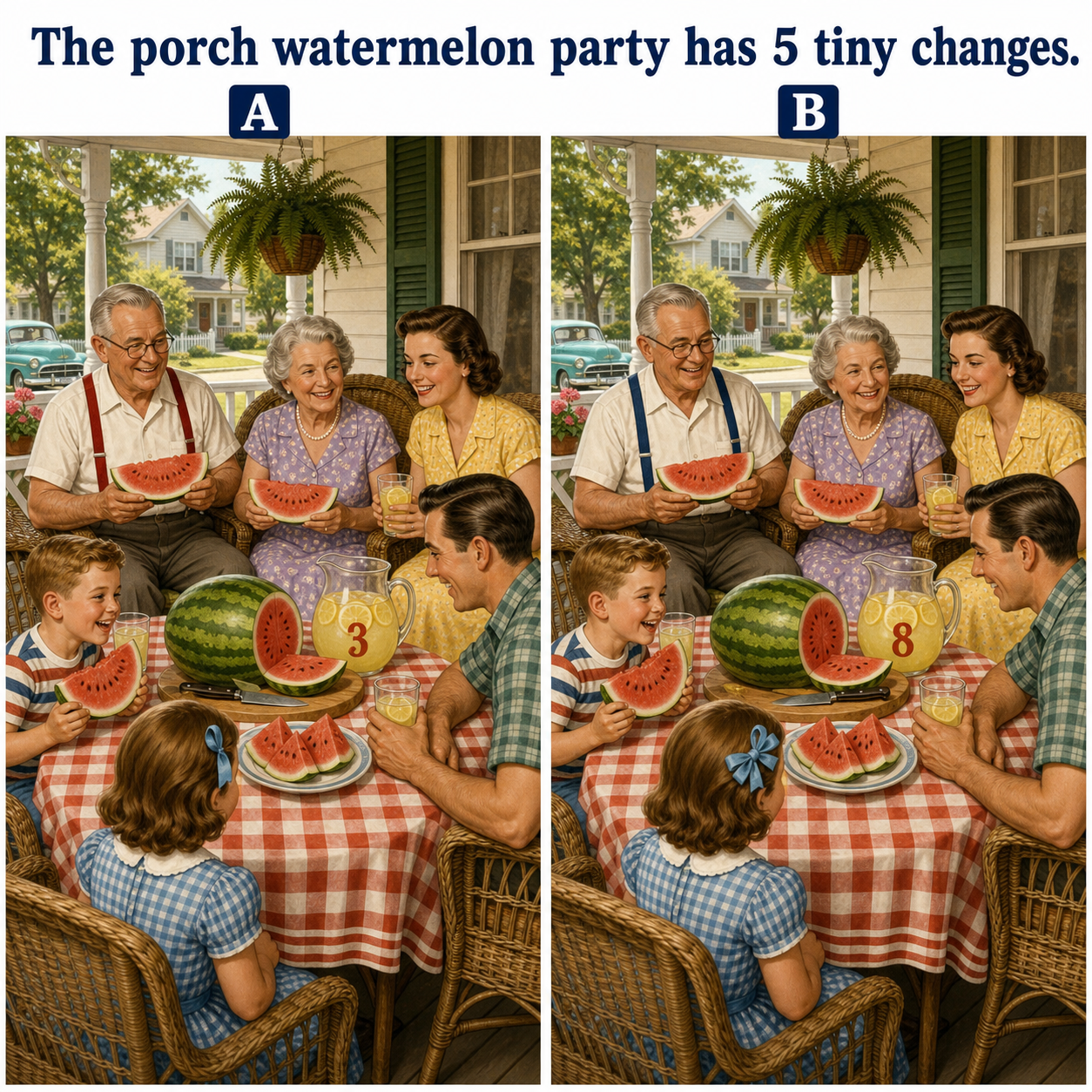 Answer: Five Differences at the Porch Watermelon Party