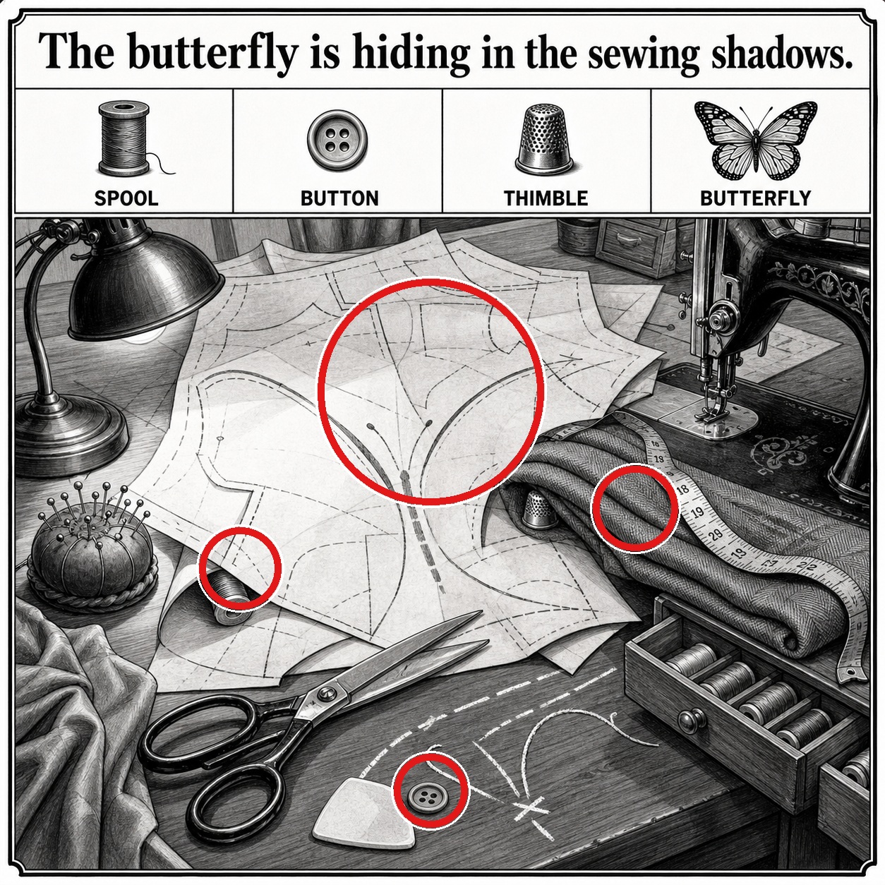 Answer: Hidden Butterfly Puzzle at the Tailor Table answer image
