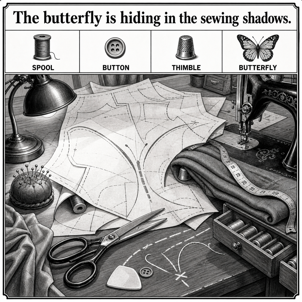 Answer: Hidden Butterfly Puzzle at the Tailor Table