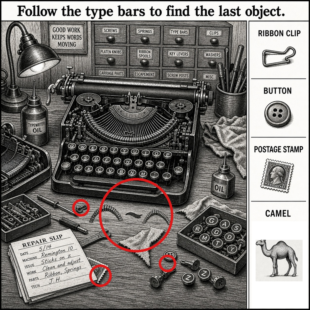 Answer: Four Hidden Objects in the Typewriter Repair Shop answer image