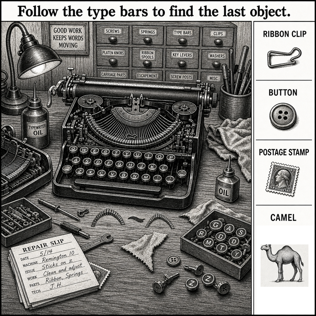 Answer: Four Hidden Objects in the Typewriter Repair Shop