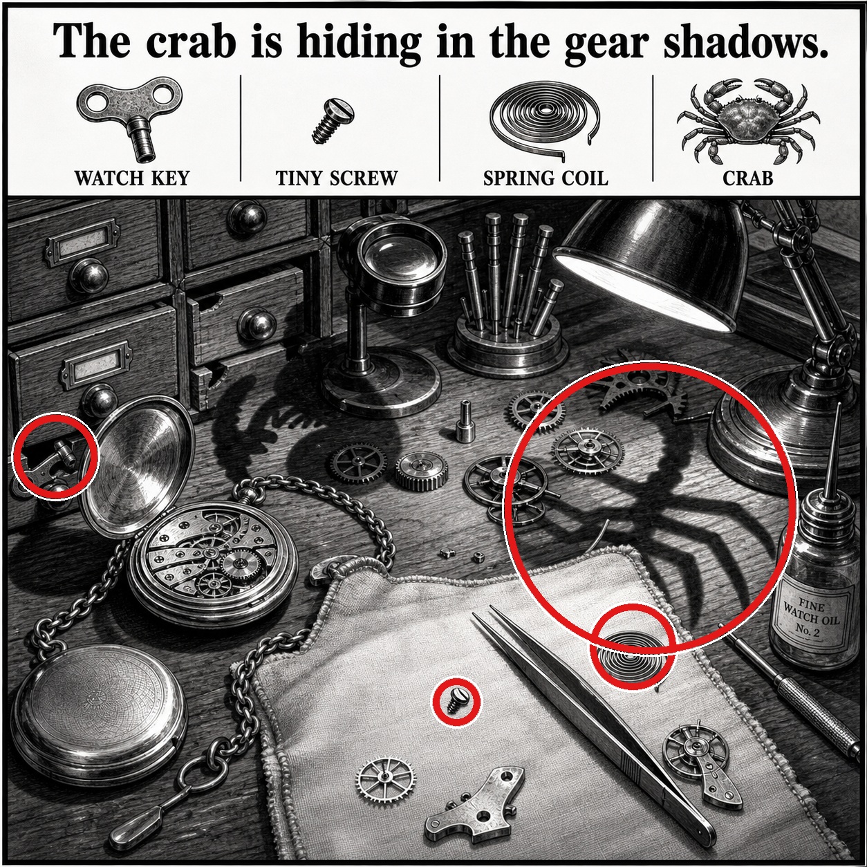 Answer: Four Hidden Objects on the Watchmaker Bench answer image
