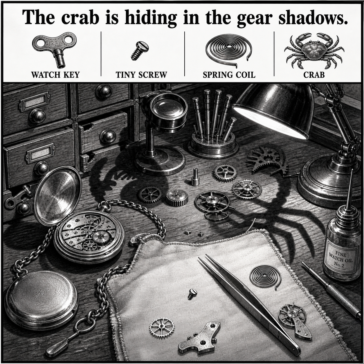 Answer: Four Hidden Objects on the Watchmaker Bench