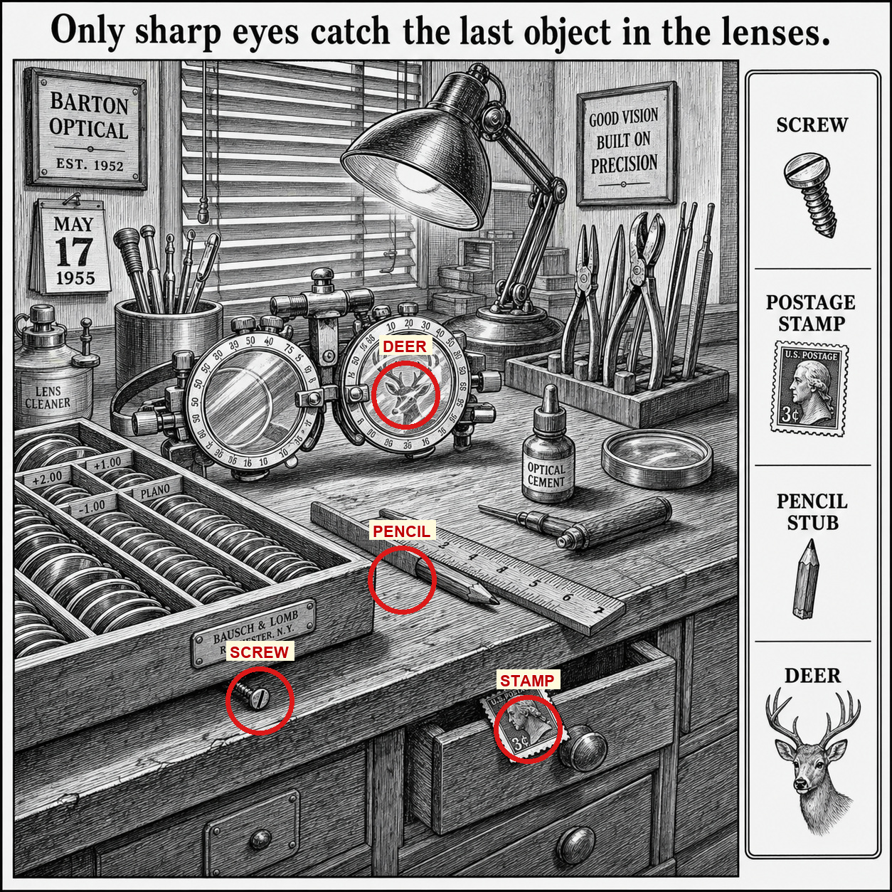 Answer: Four Hidden Objects in the Optician Workshop answer image