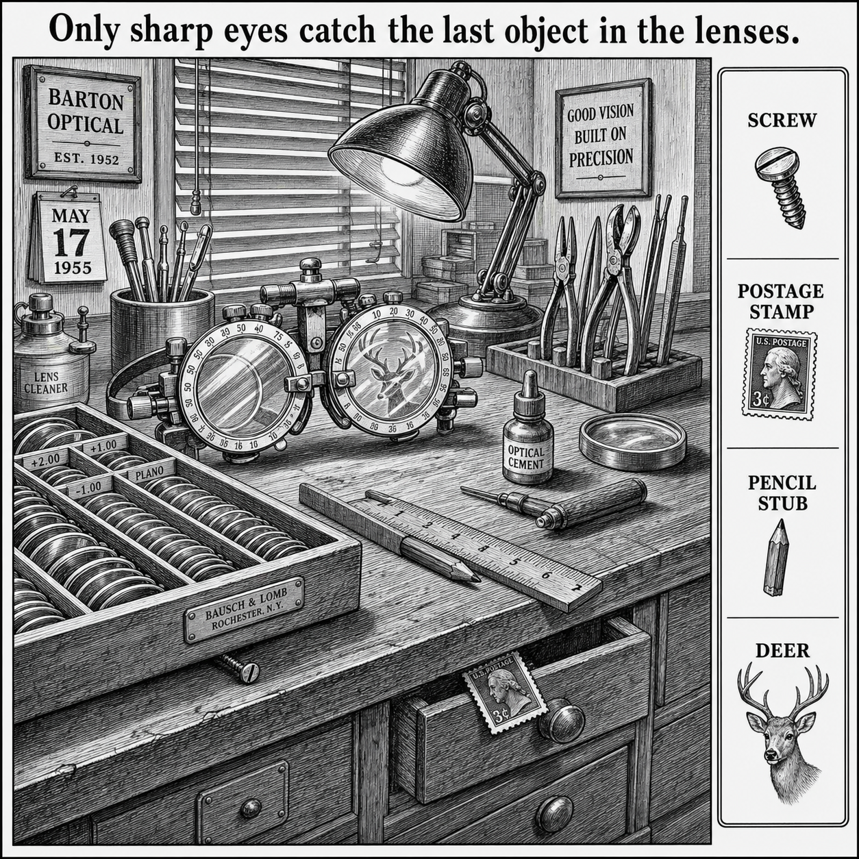 Answer: Four Hidden Objects in the Optician Workshop