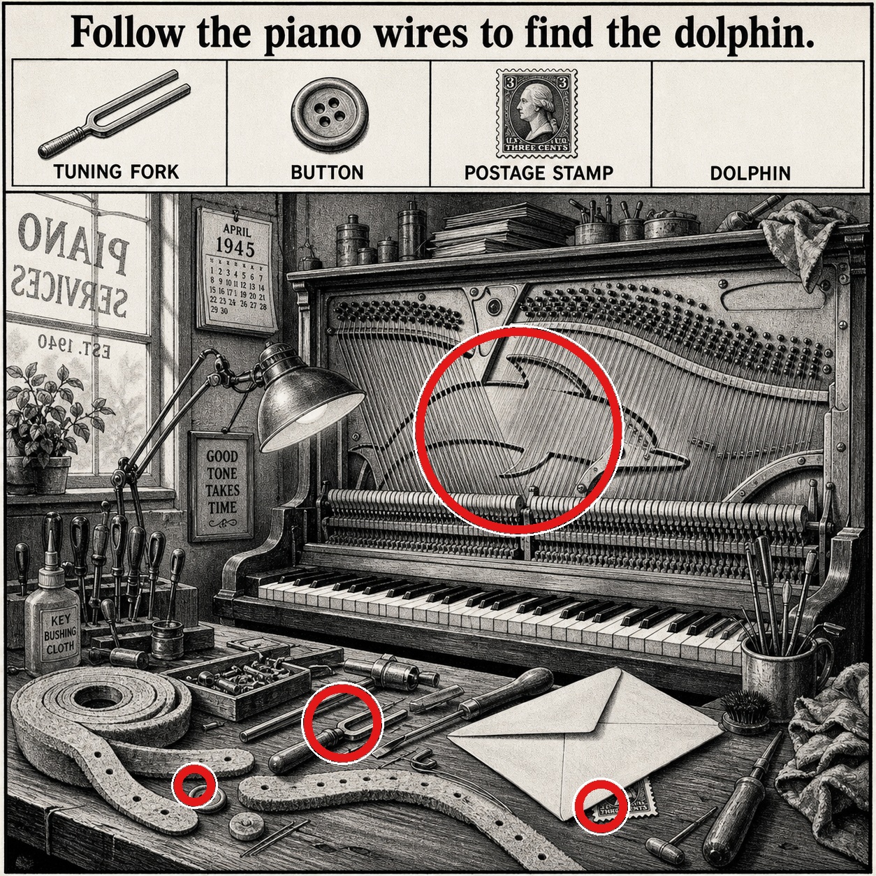 Answer: Four Hidden Objects in the Piano Tuning Workshop answer image