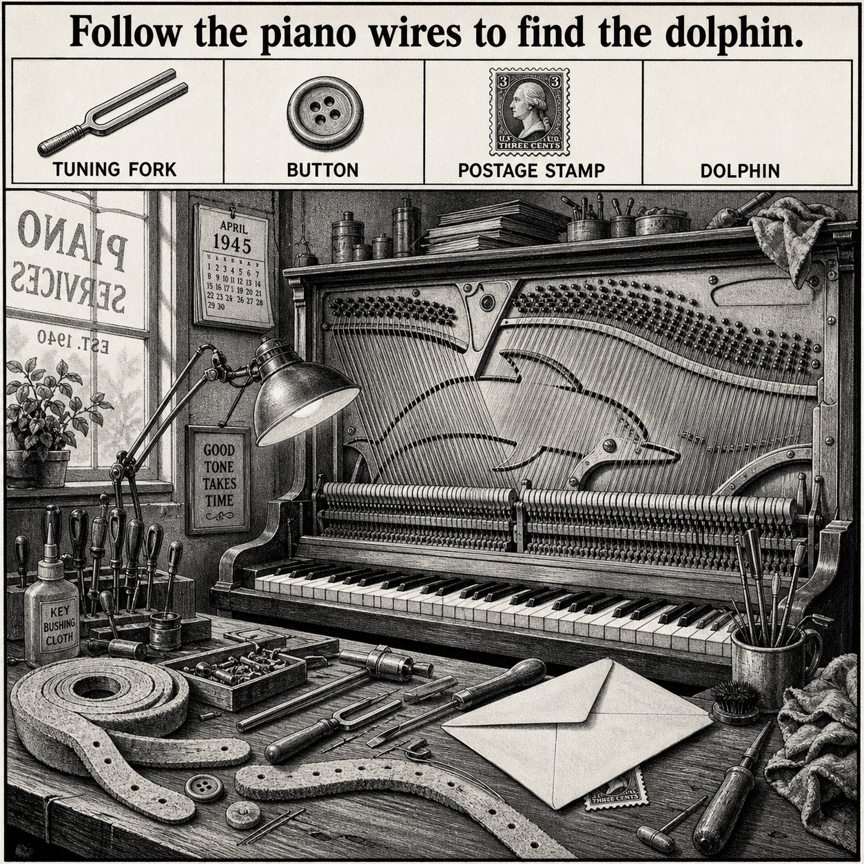 Answer: Four Hidden Objects in the Piano Tuning Workshop