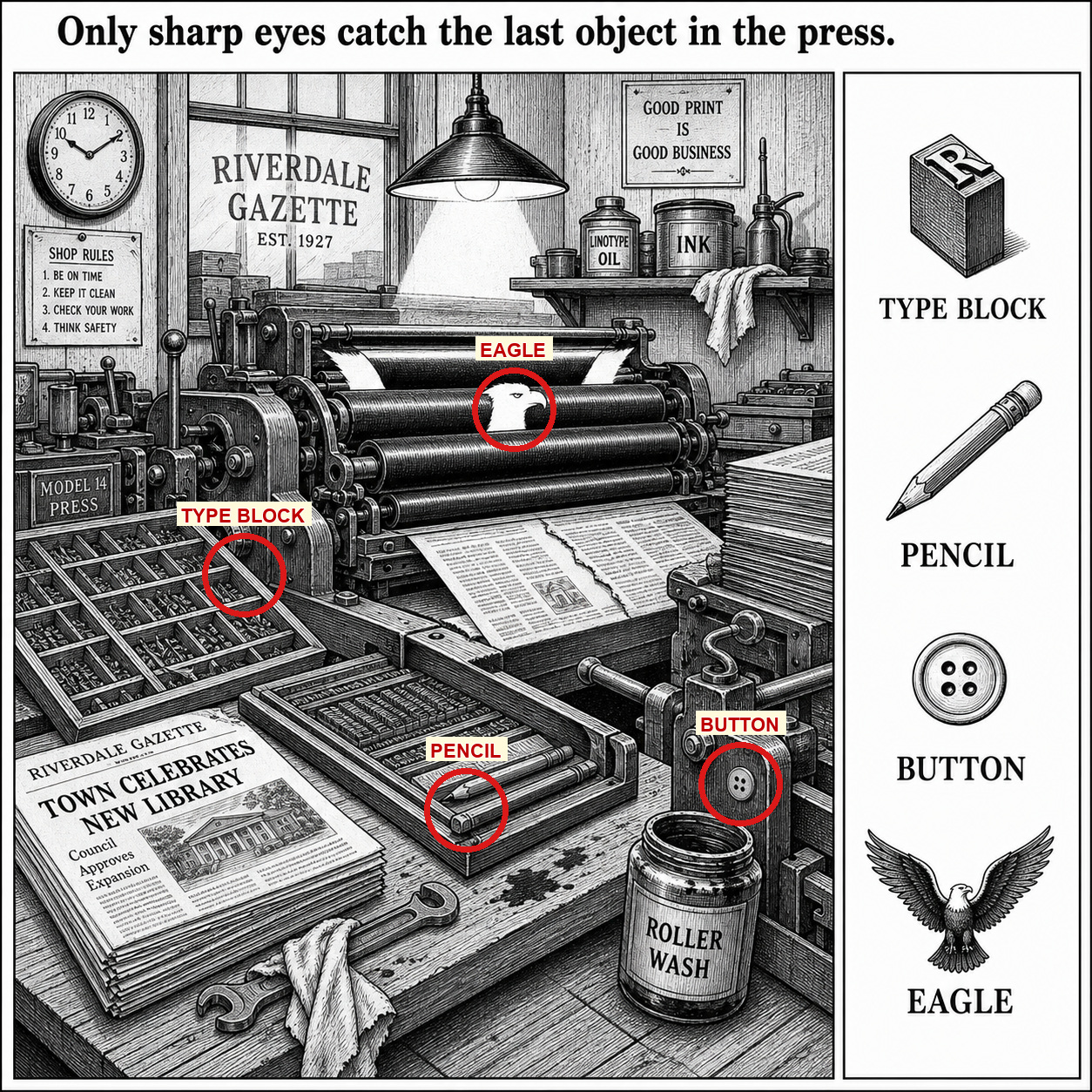 Answer: Four Hidden Objects in the Newspaper Press Room answer image