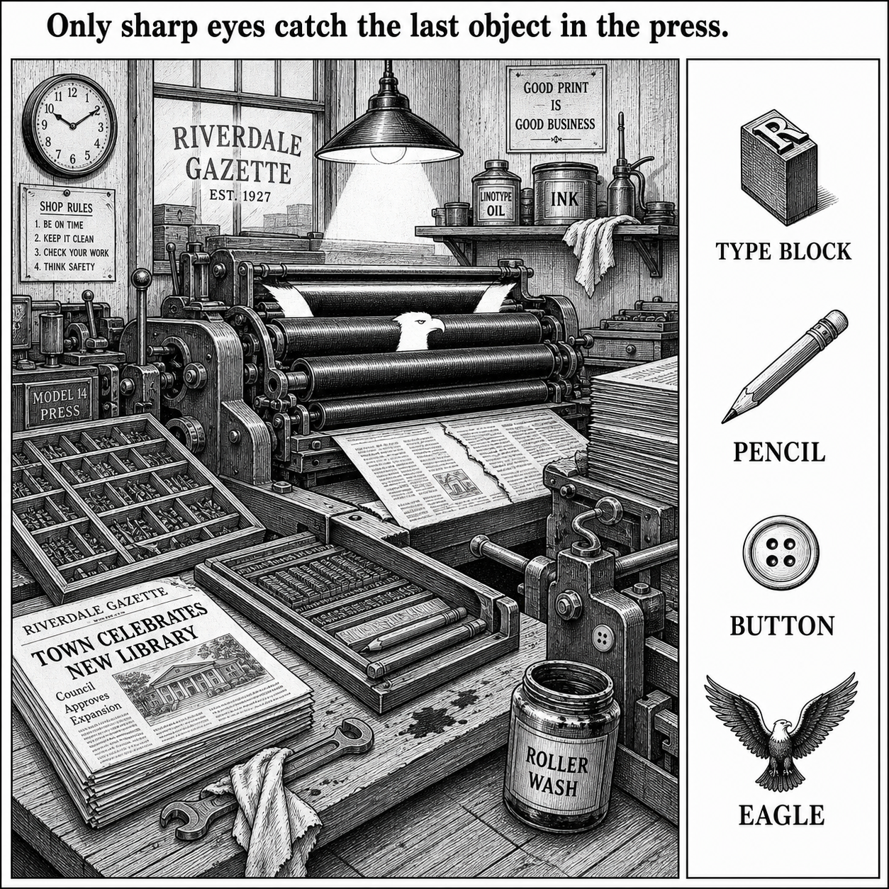 Answer: Four Hidden Objects in the Newspaper Press Room