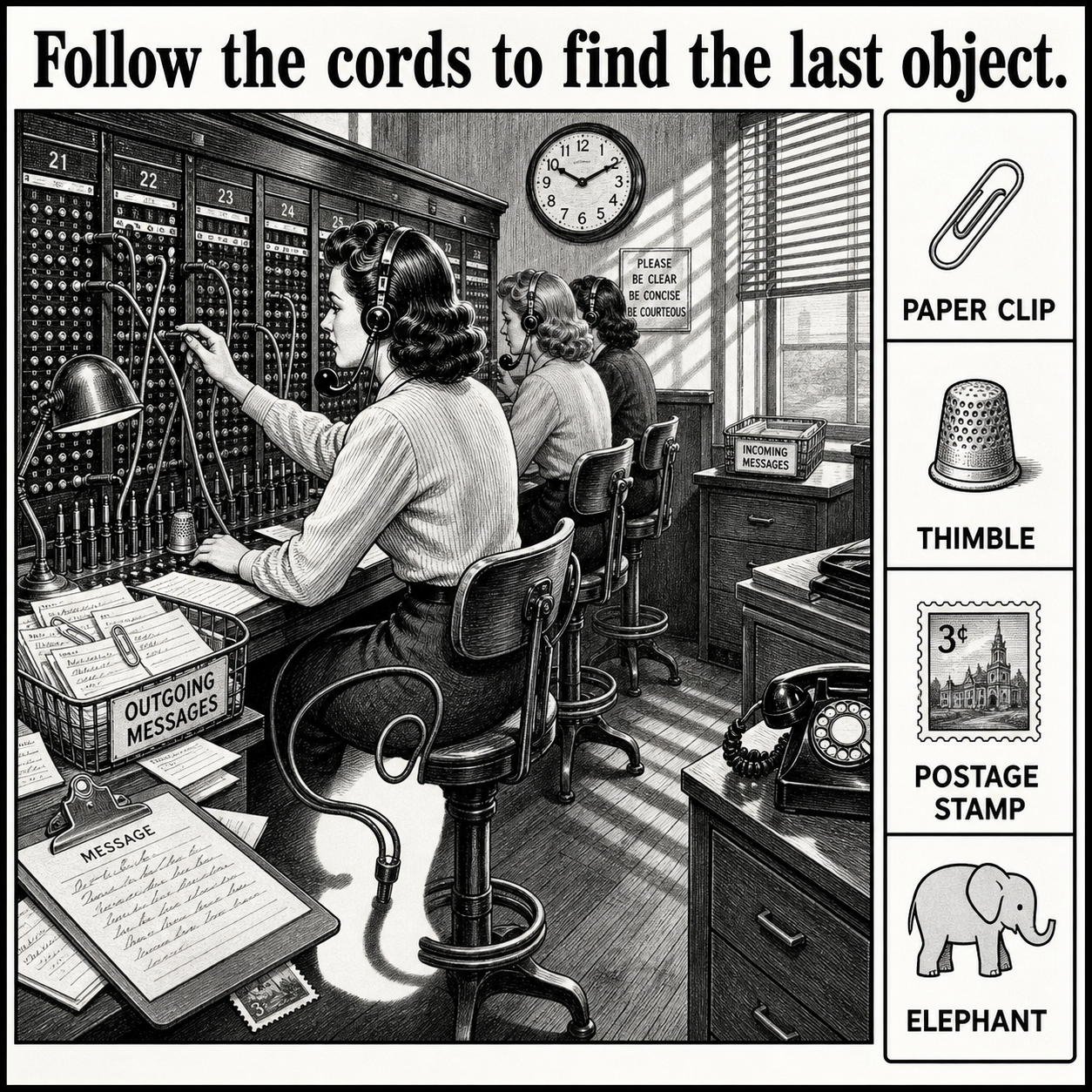 Answer: Four Hidden Objects in the Switchboard Room