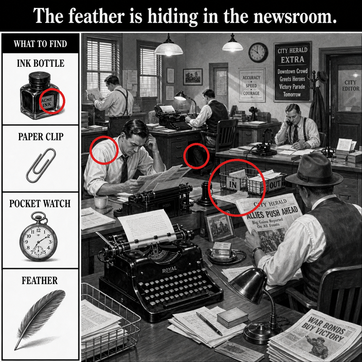 Answer: The Feather in the Newspaper Office Puzzle answer image