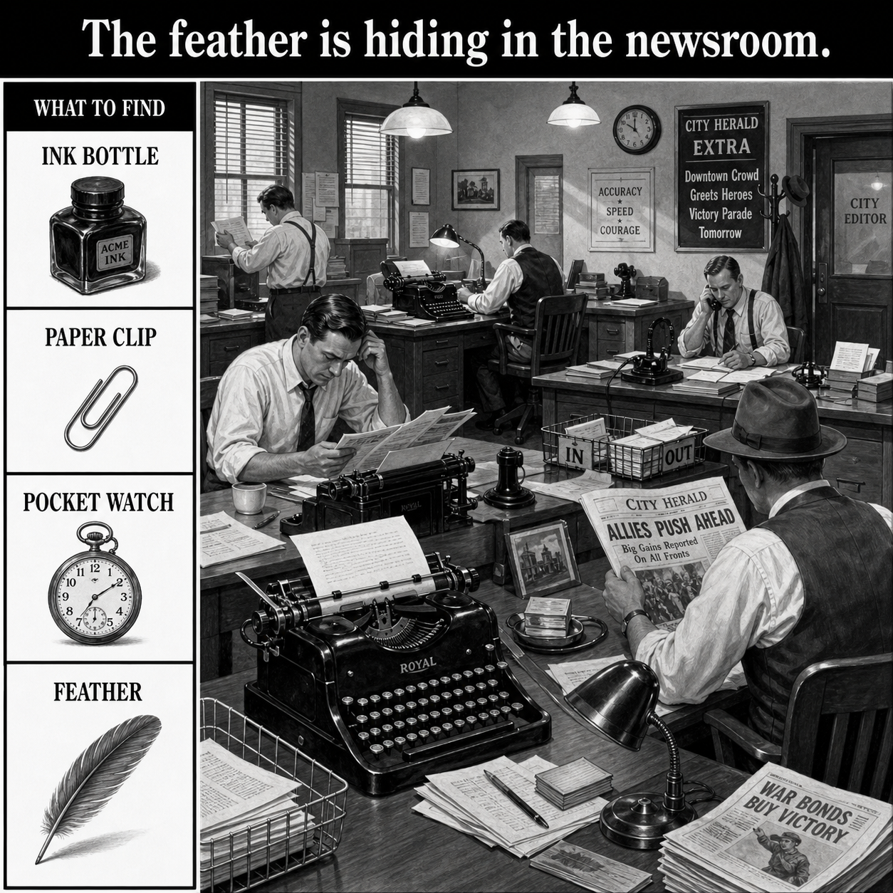 Answer: The Feather in the Newspaper Office Puzzle