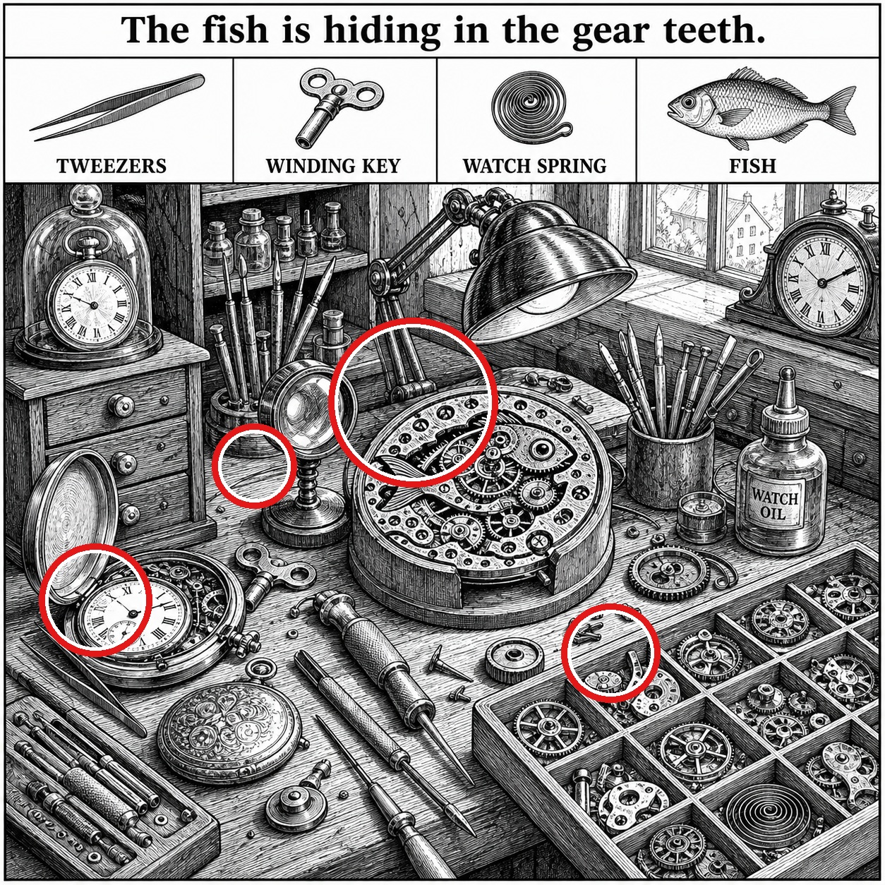 Answer: Four Hidden Objects on the Watchmaker Bench answer image