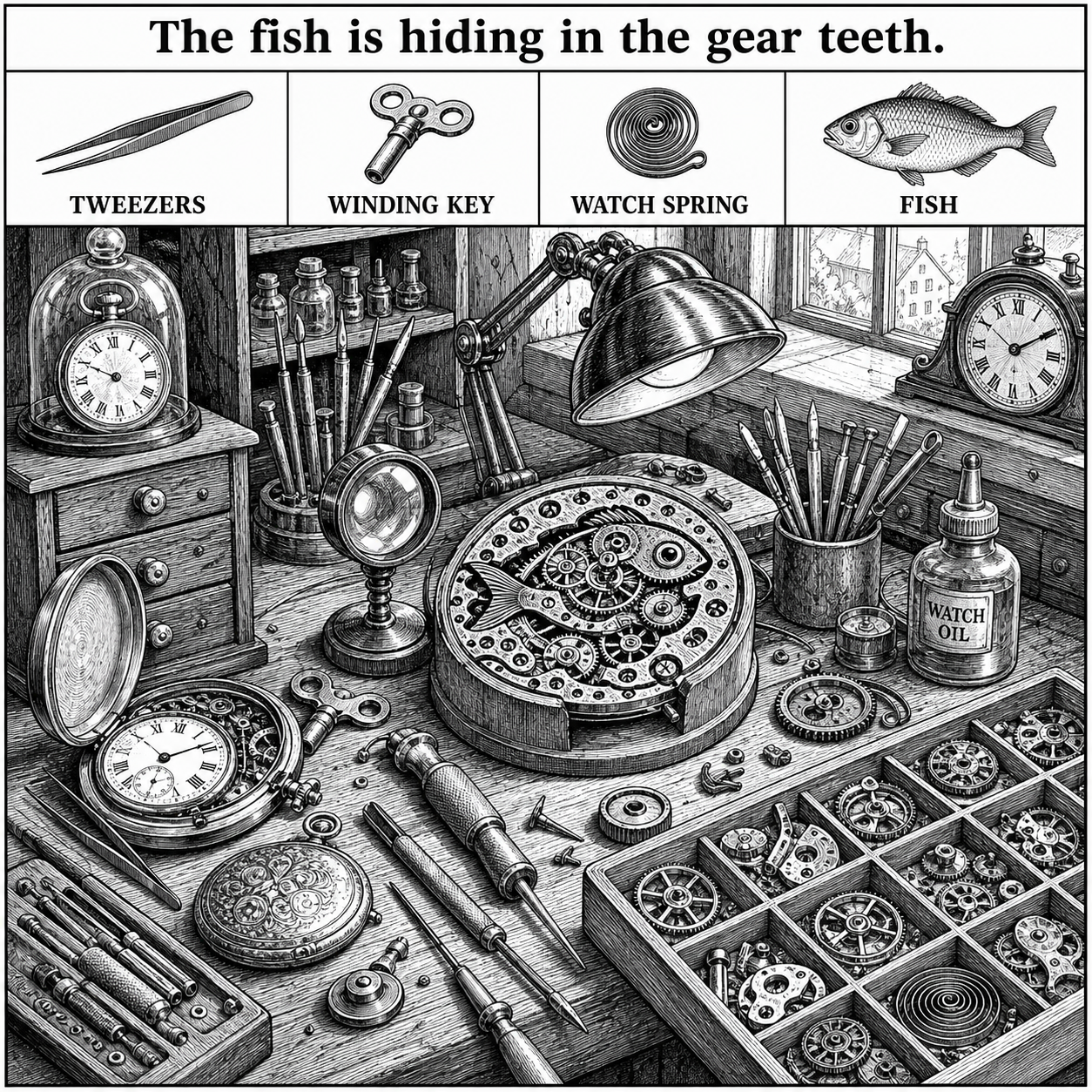 Answer: Four Hidden Objects on the Watchmaker Bench