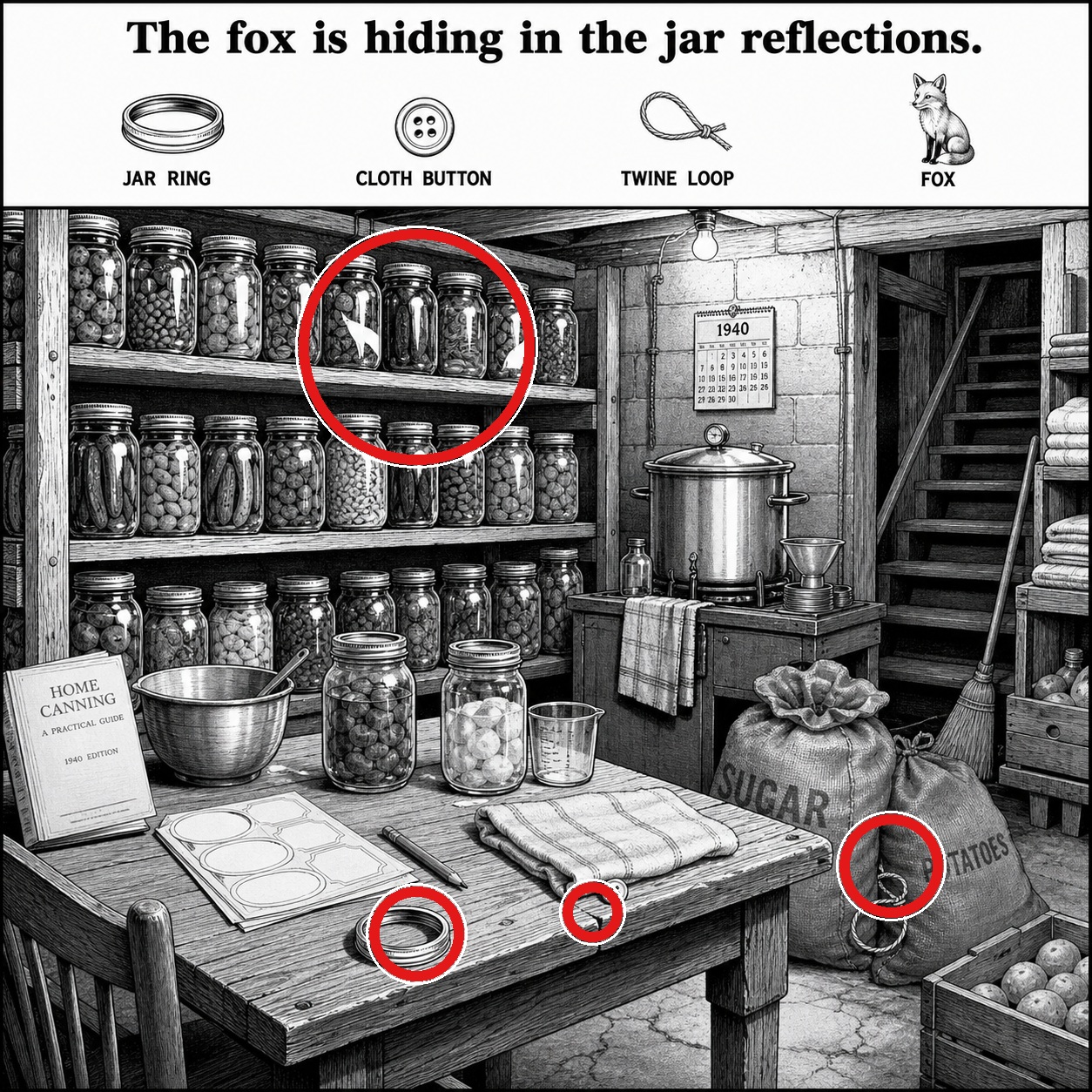Answer: Four Hidden Objects in the Basement Canning Room answer image