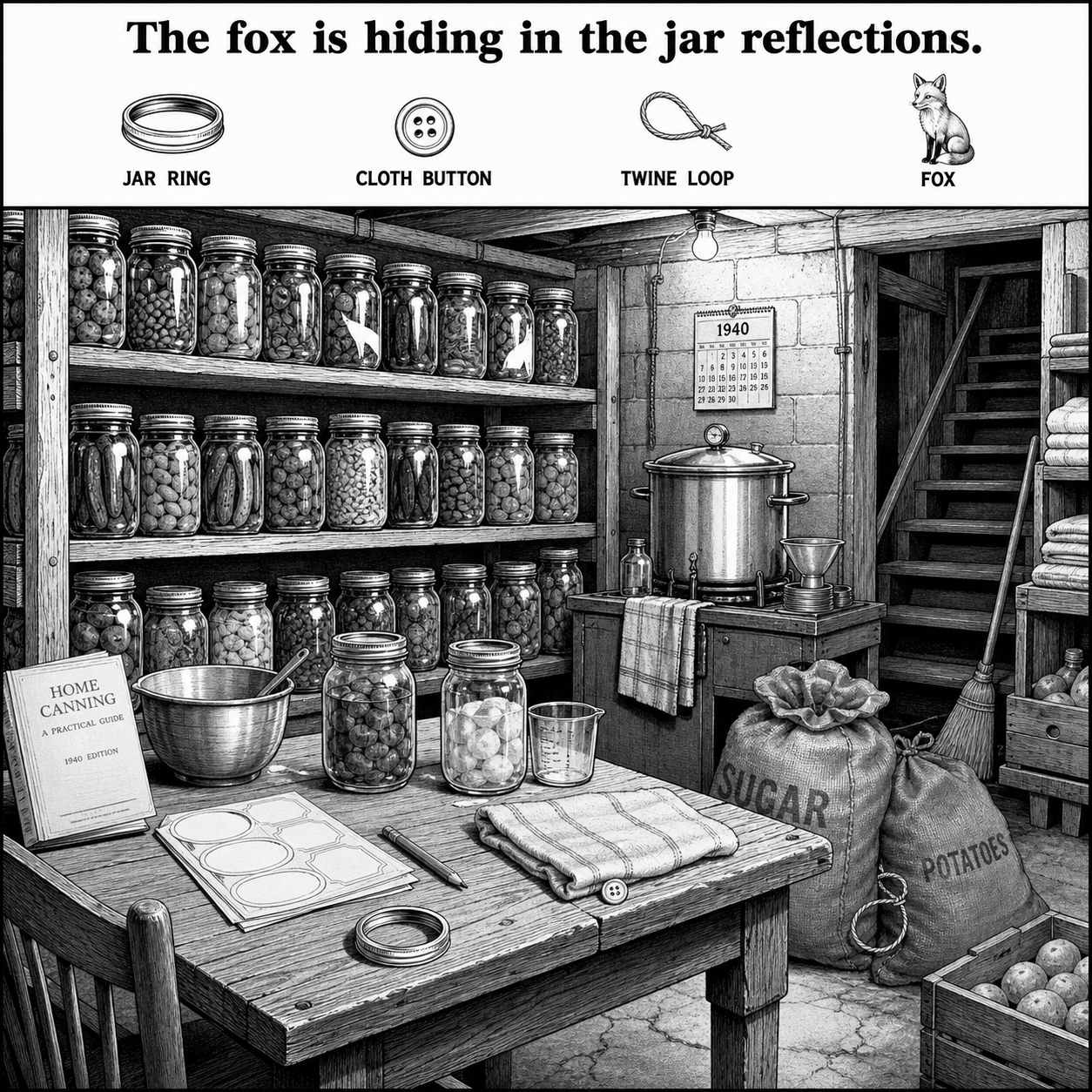 Answer: Four Hidden Objects in the Basement Canning Room