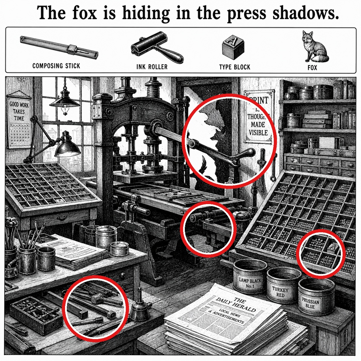 Answer: Four Hidden Objects in the Letterpress Shop answer image