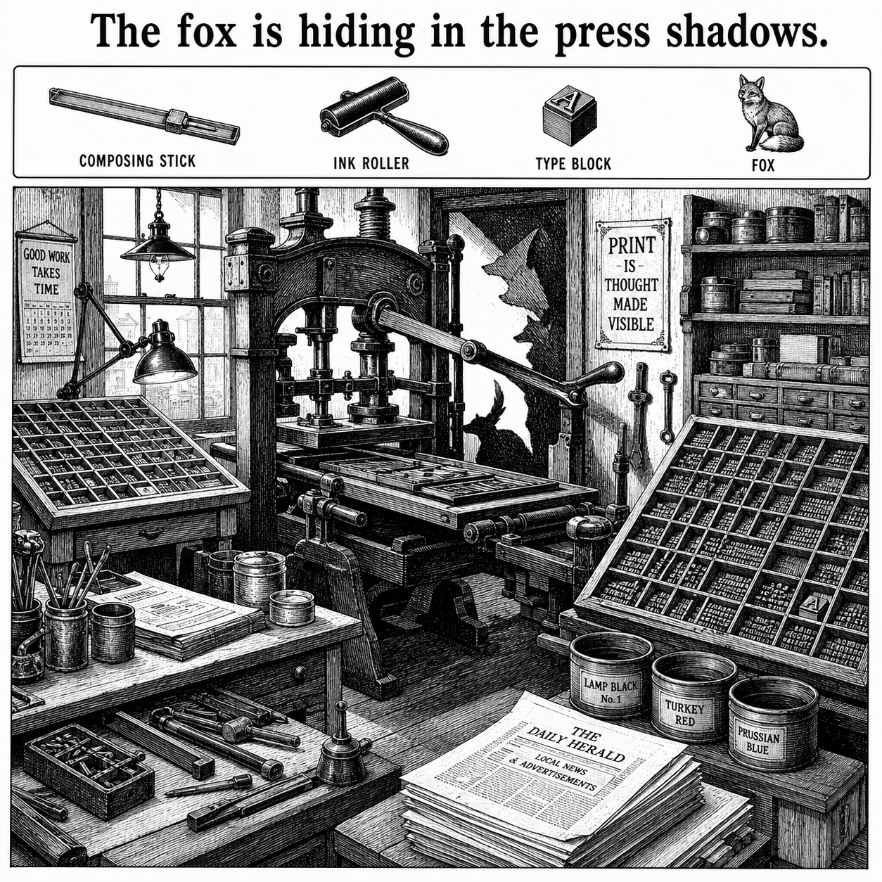 Answer: Four Hidden Objects in the Letterpress Shop