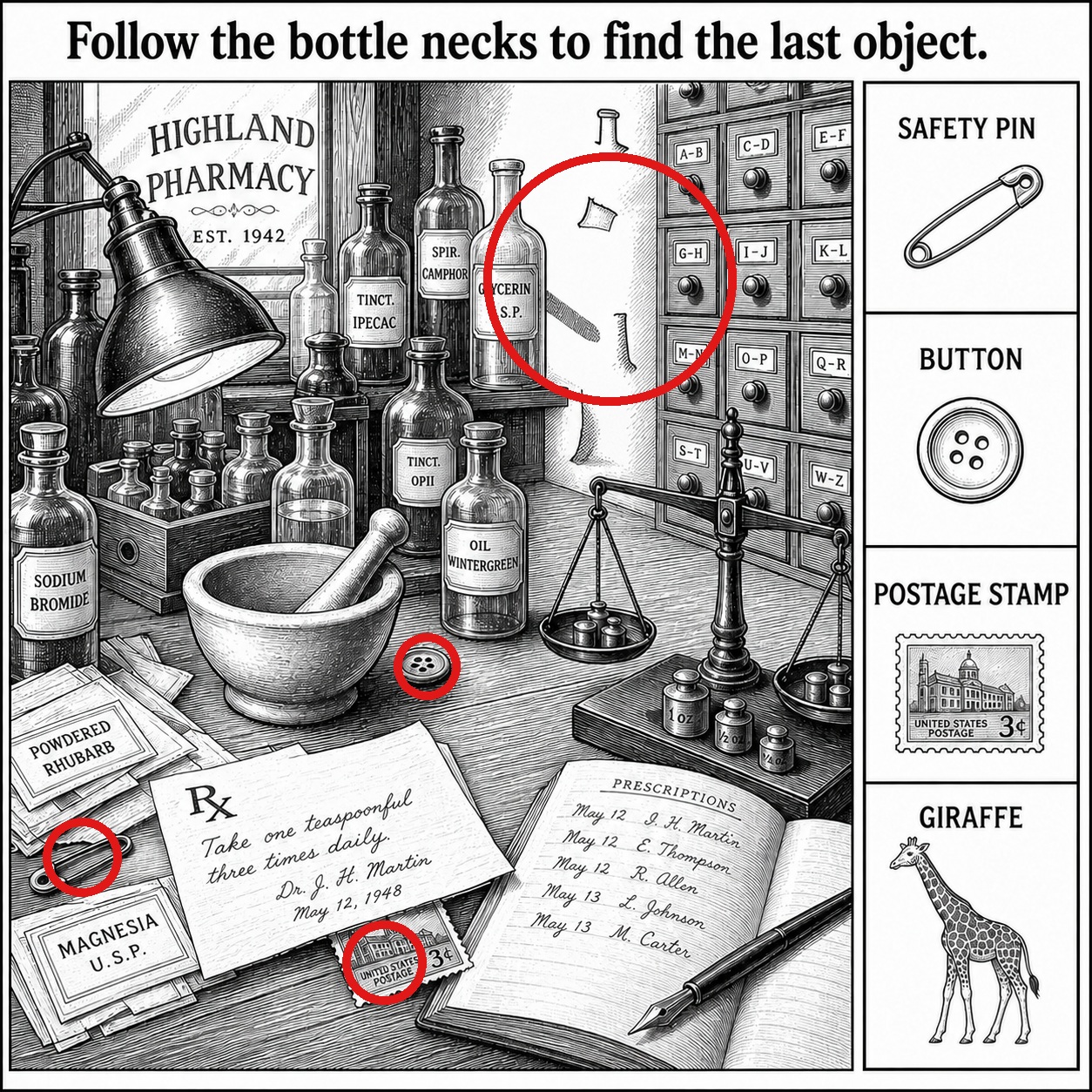 Answer: Four Hidden Objects in the Old Pharmacy answer image
