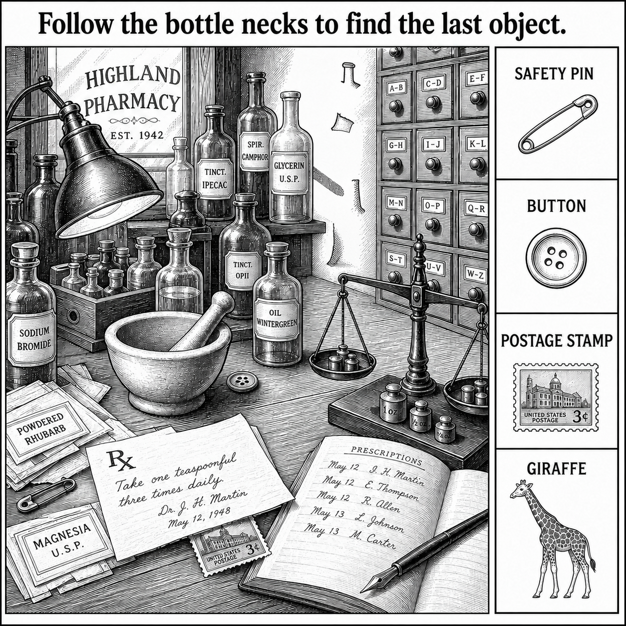 Answer: Four Hidden Objects in the Old Pharmacy