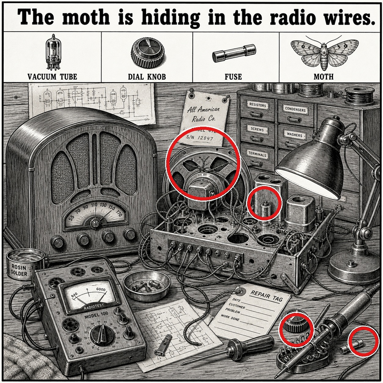 Answer: Hidden Moth Puzzle on the Radio Repair Bench answer image