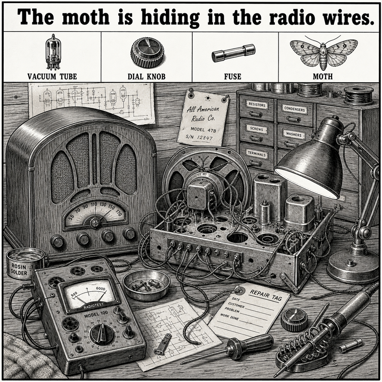 Answer: Hidden Moth Puzzle on the Radio Repair Bench