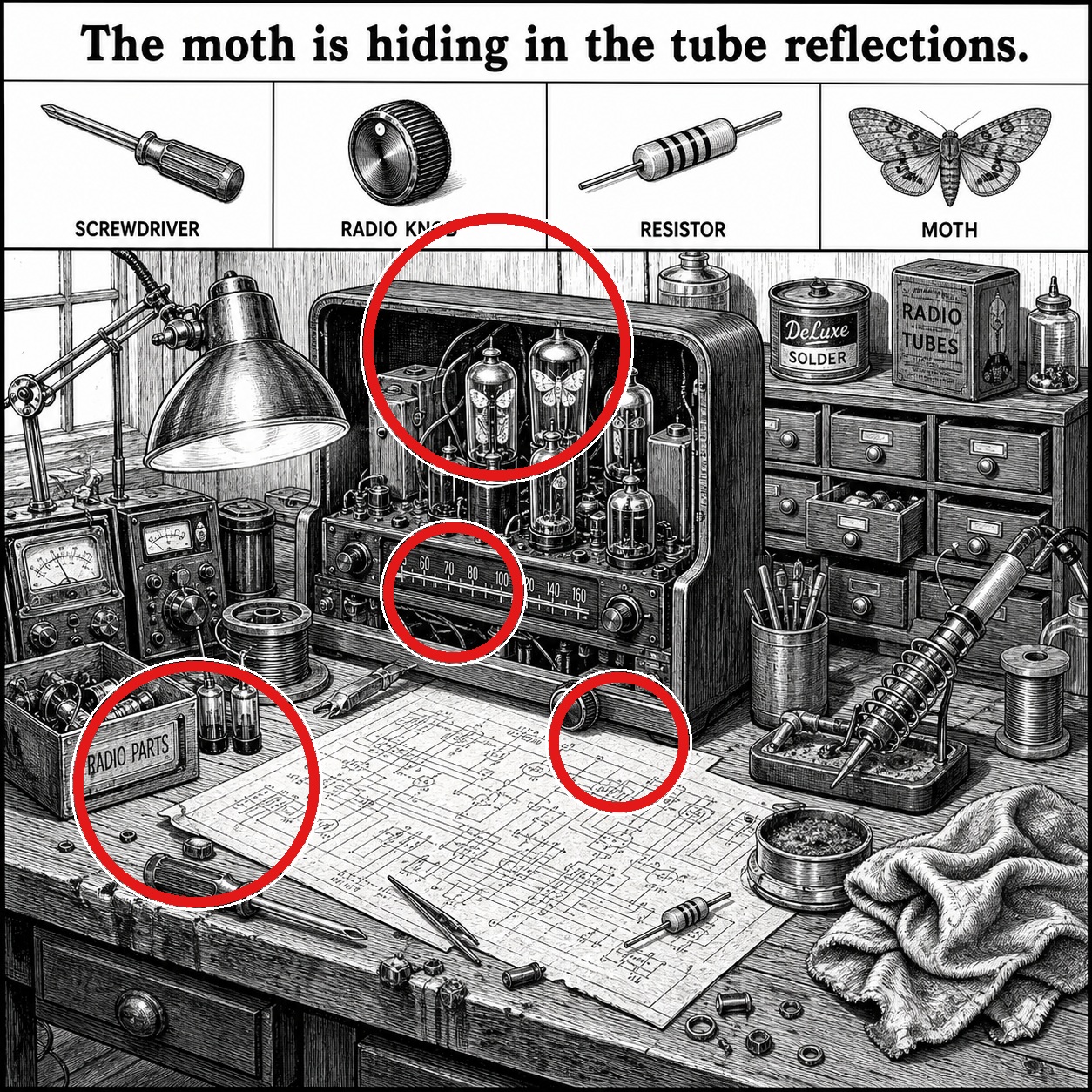 Answer: Four Hidden Objects in the Radio Tube Reflections answer image